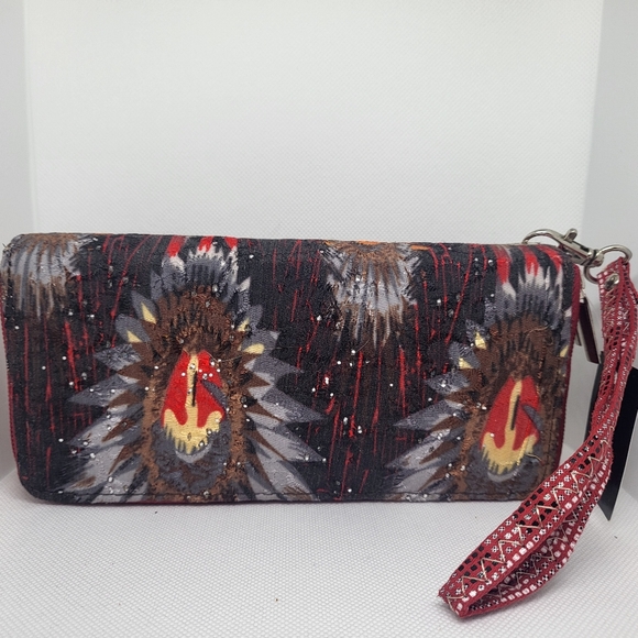 Abstract Red Floral Women Wallet Clutch Double Zip Wristlet Boho Multicolour - Picture 3 of 5
